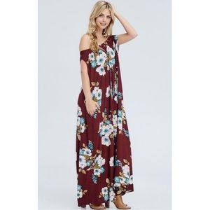 Love In Pants - Off Shoulder Floral Jumpsuit in Wine with Pockets Love In Pants - Off Shoulder Floral Jumpsuit in Wine with Pockets